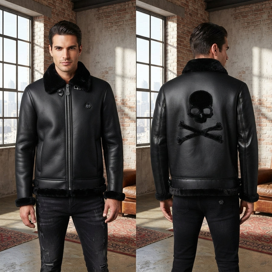 Men's Black Faux Fur-Lined Leather Aviator Jacket with Back Skull Design