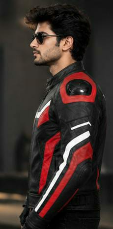 Men's Red & Black Colorblock Racing Genuine Leather Jacket