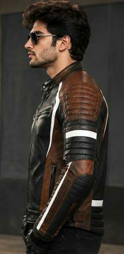 Men's Brown & Black Cafe Racer Genuine Leather Jacket
