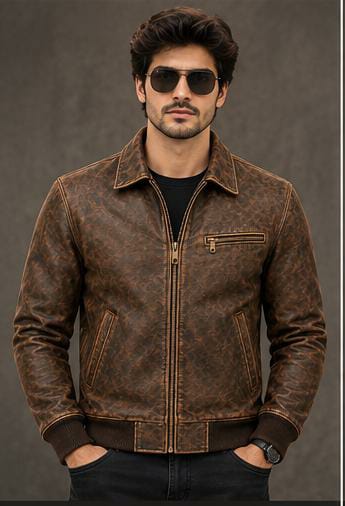 Men's Brown & Black Cafe Racer Genuine Leather Jacket