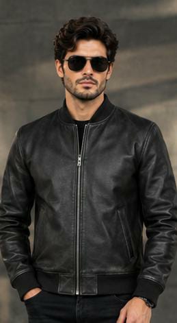 Men's Classic Plain Black Genuine Leather Jacket