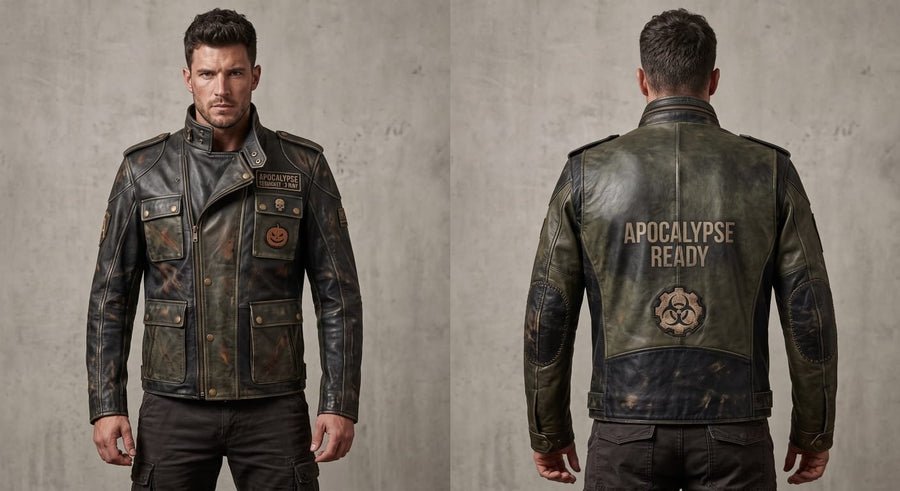 Men’s Apocalypse Leather Jacket – Distressed Military Biker Coat with Skull & Pumpkin Patches