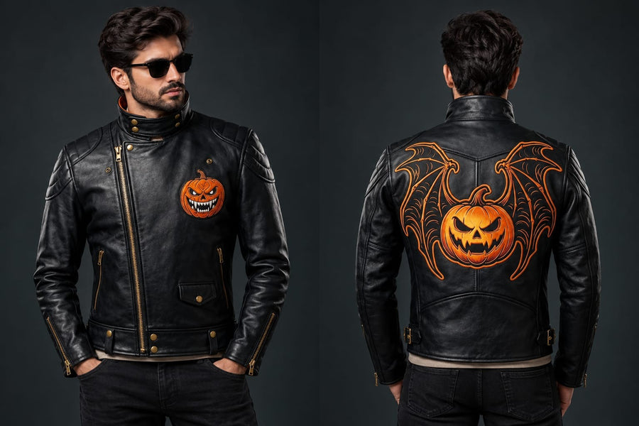 Men’s Winged Pumpkin Leather Jacket – Jack O’ Lantern Gothic Biker Coat