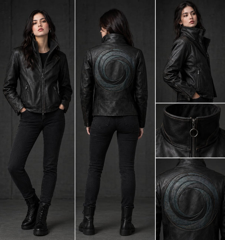 Women’s Black Distressed Leather Jacket – Moon Circle Embossed Gothic Biker Coat