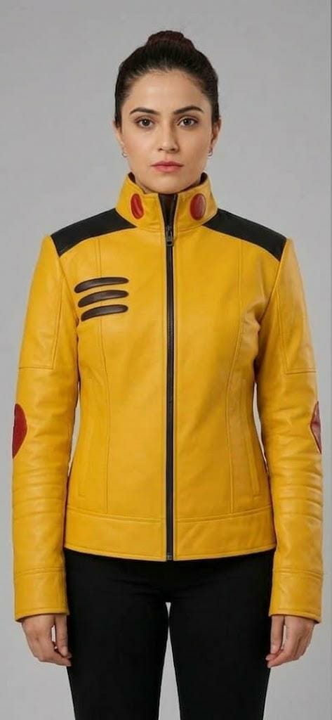 Women's Yellow Cosplay Biker Jacket – Contrast Shoulder Panels & Stand Collar