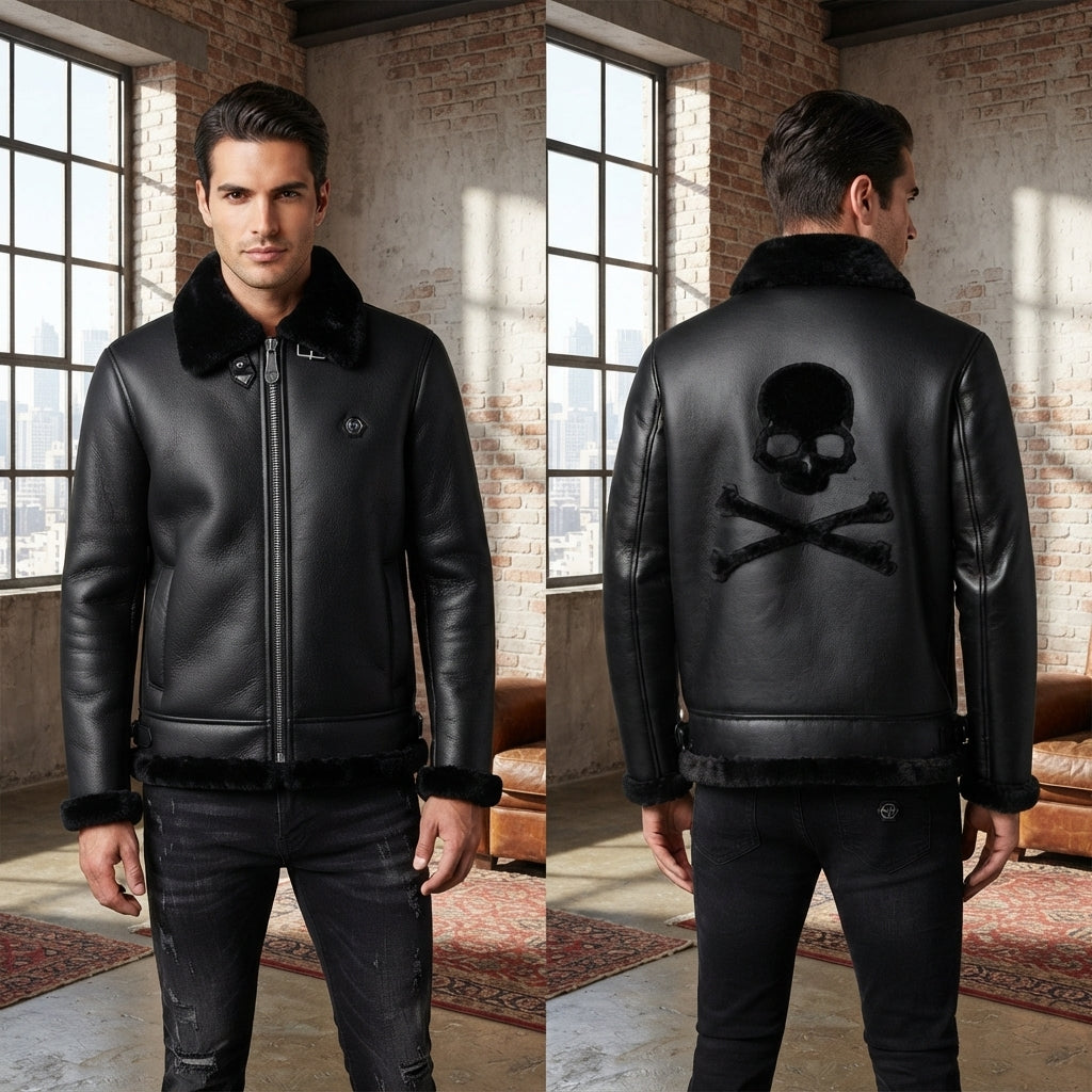 Men's Black Faux Fur-Lined Leather Aviator Jacket with Back Skull Design