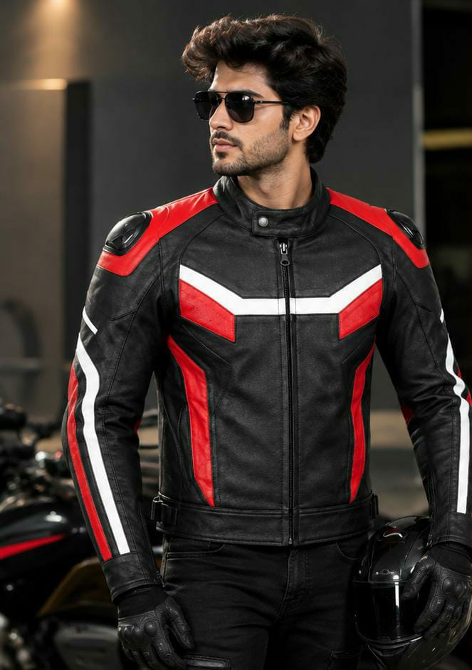 Men's Red & Black Colorblock Racing Genuine Leather Jacket