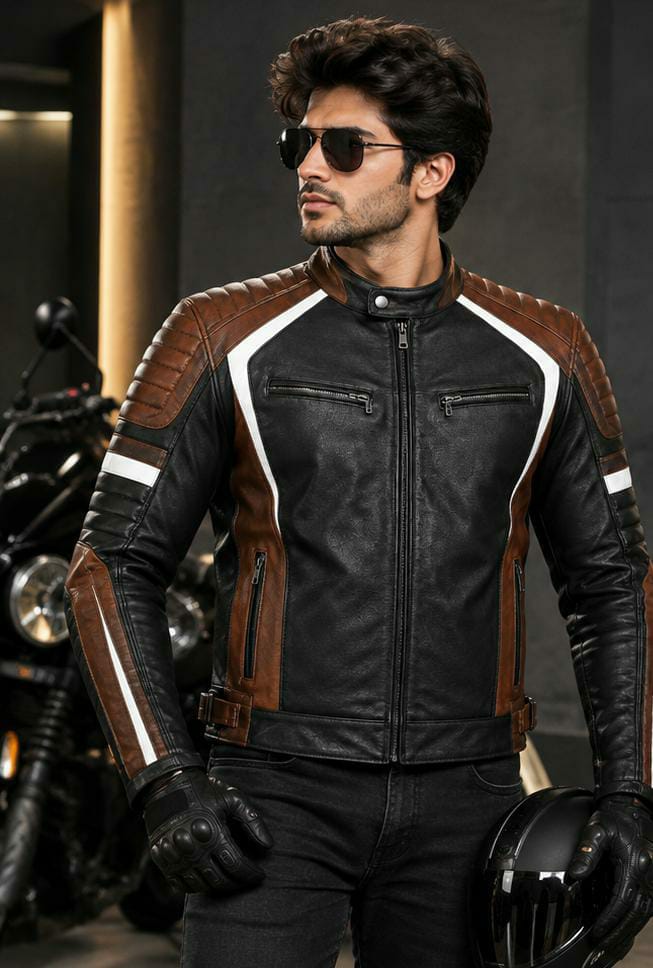Men's Brown & Black Cafe Racer Genuine Leather Jacket