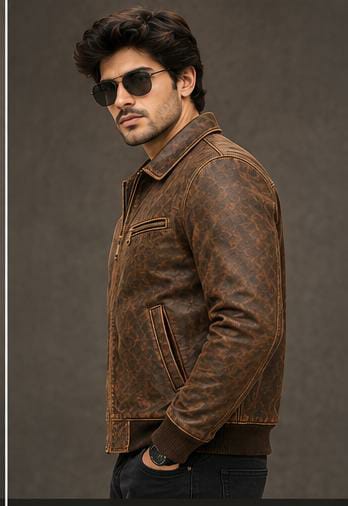 Men's Brown & Black Cafe Racer Genuine Leather Jacket