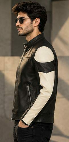 Men's Contrast Sleeve Black & White Genuine Leather Jacket