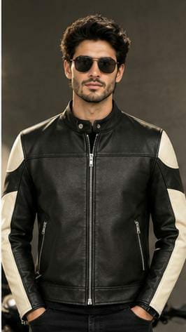 Men's Contrast Sleeve Black & White Genuine Leather Jacket