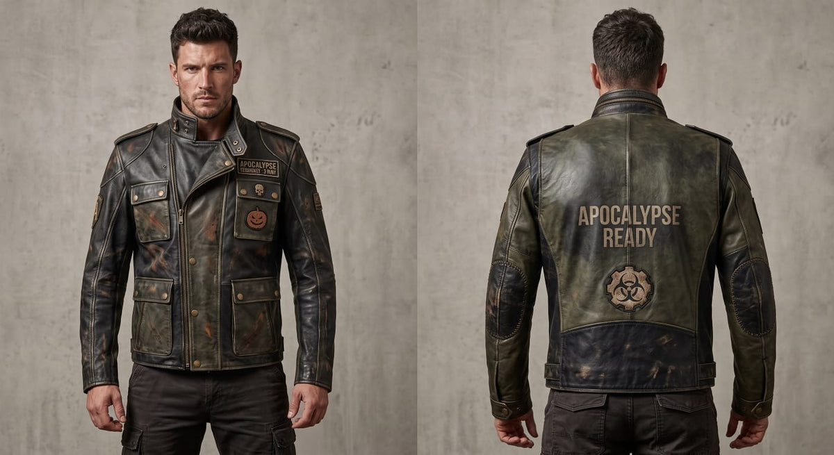 Men’s Apocalypse Leather Jacket – Distressed Military Biker Coat with Skull & Pumpkin Patches