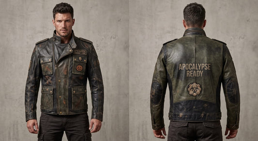 Men’s Apocalypse Leather Jacket – Distressed Military Biker Coat with Skull & Pumpkin Patches