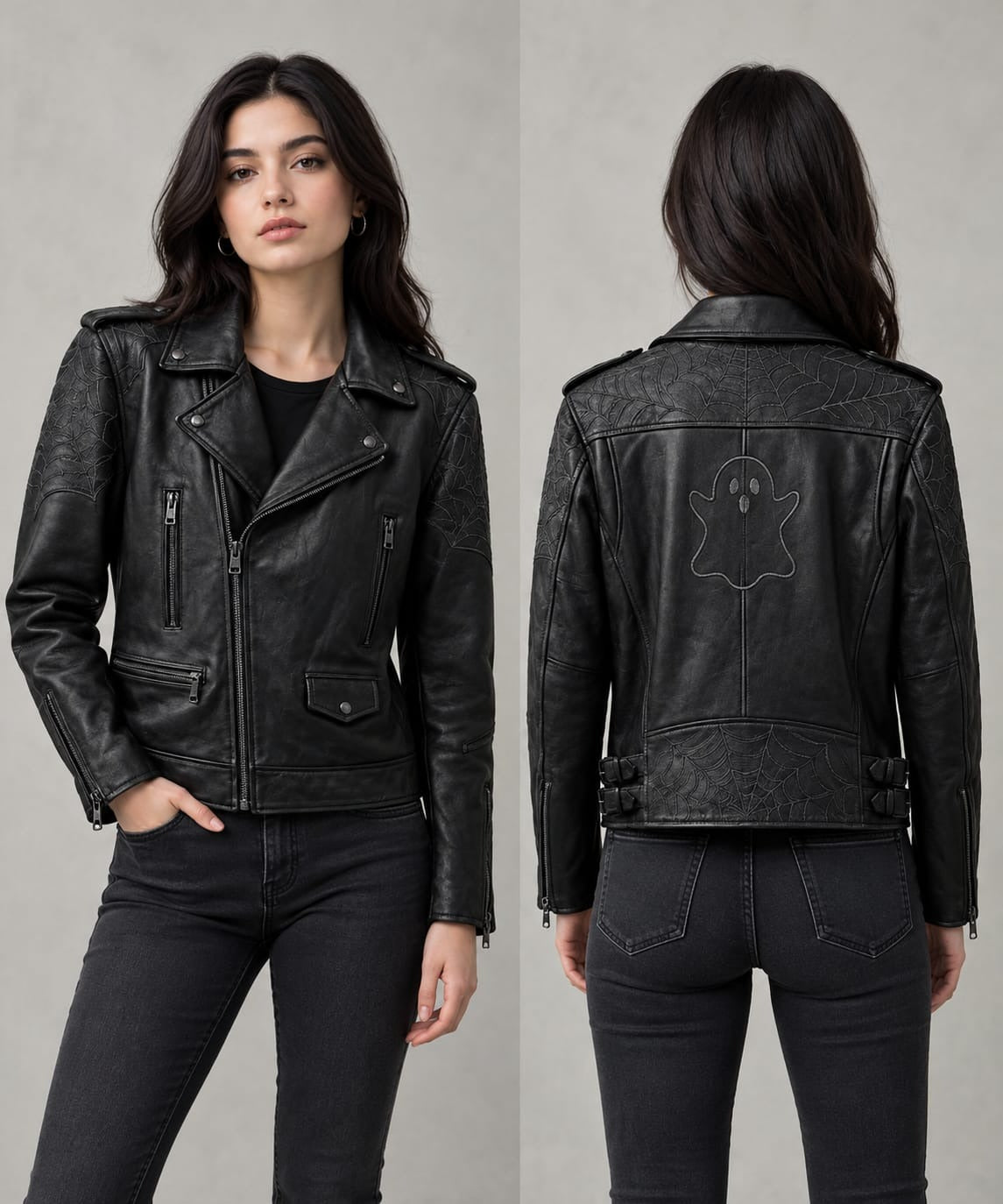 Ghost Spider Web Women’s Black Leather Jacket – Gothic Biker Coat