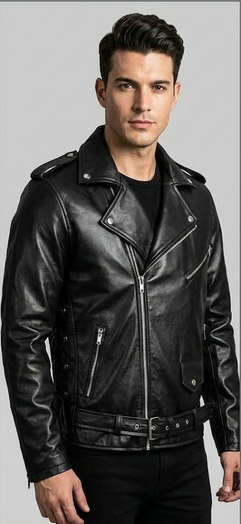 Men’s Black Leather Biker Jacket – Retro Cat Graphic Motorcycle Coat