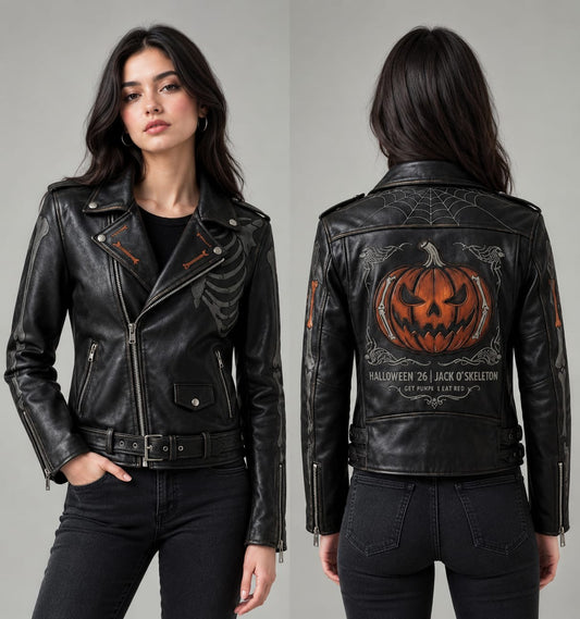 Women’s Black Halloween Leather Jacket – Pumpkin Skeleton Gothic Biker Coat