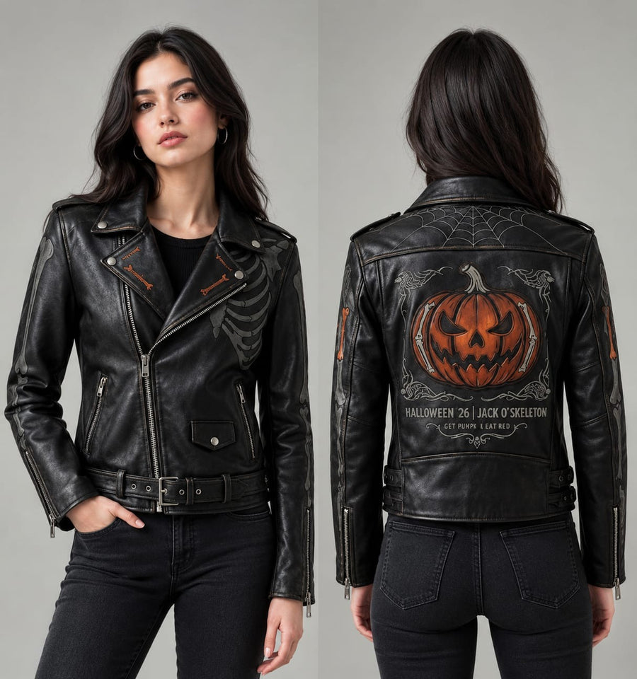 Women’s Black Halloween Leather Jacket – Pumpkin Skeleton Gothic Biker Coat