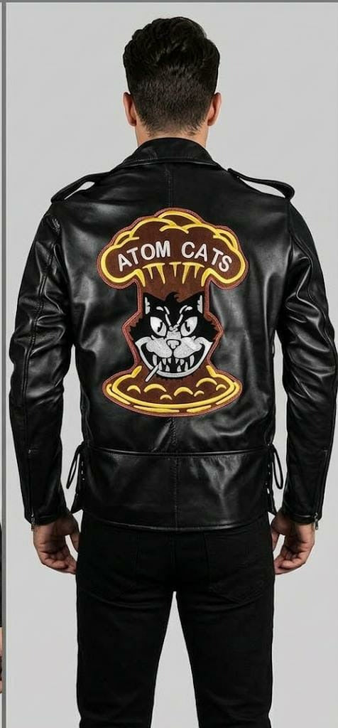 Men’s Black Leather Biker Jacket – Retro Cat Graphic Motorcycle Coat