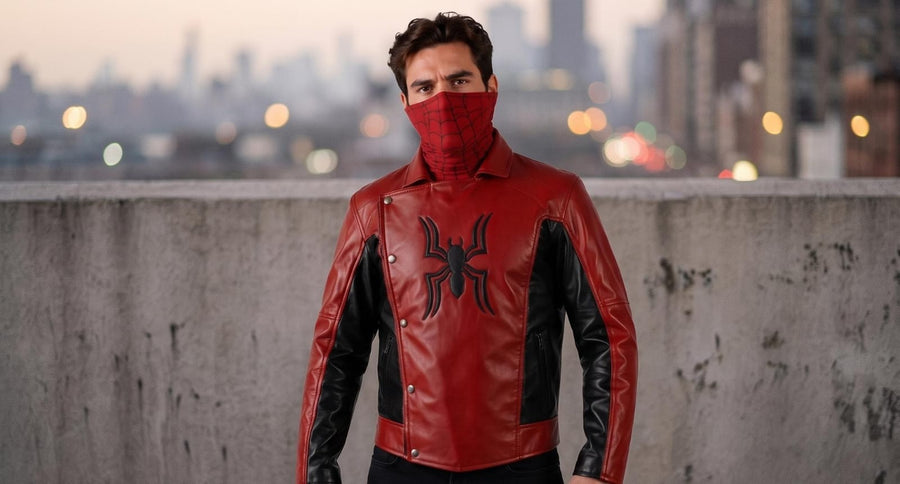 Men's Spider Motif Biker Jacket – Red & Black Asymmetric Cosplay Outerwear