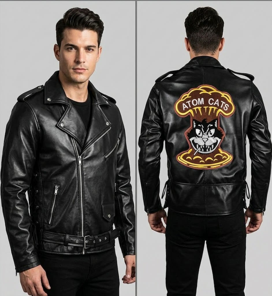 Men’s Black Leather Biker Jacket – Retro Cat Graphic Motorcycle Coat
