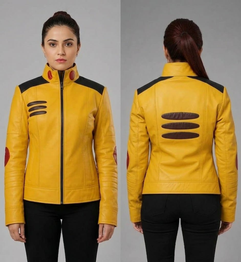 Women's Yellow Cosplay Biker Jacket – Contrast Shoulder Panels & Stand Collar