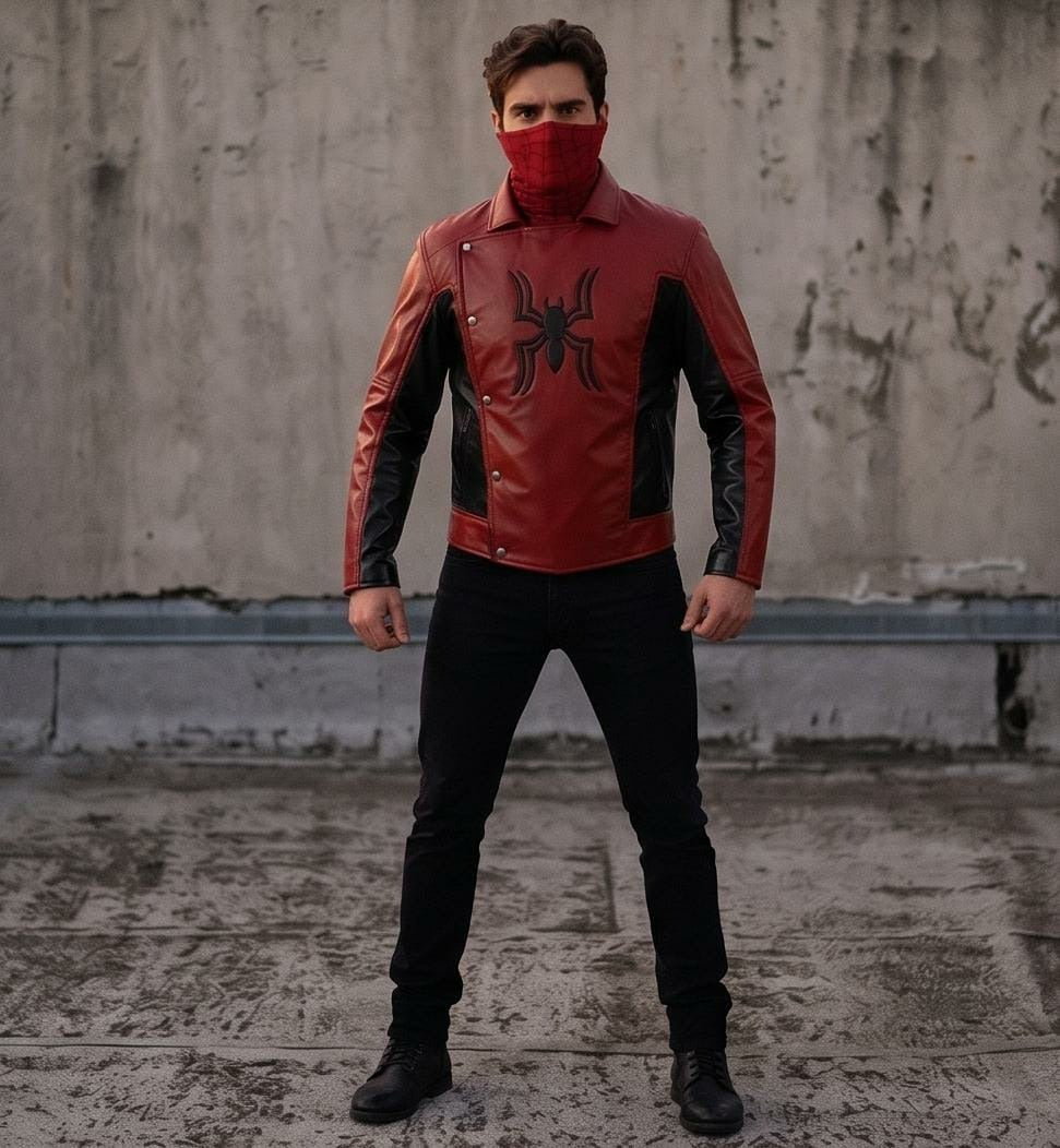 Men's Spider Motif Biker Jacket – Red & Black Asymmetric Cosplay Outerwear