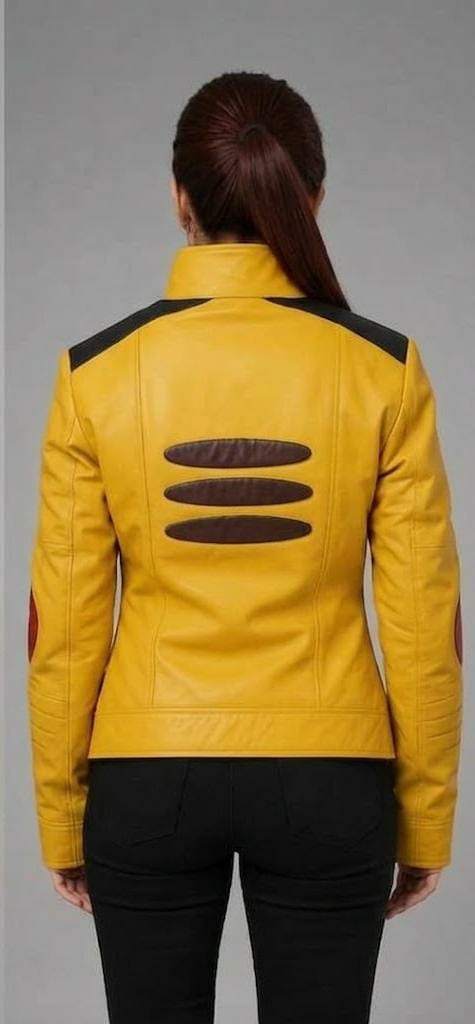 Women's Yellow Cosplay Biker Jacket – Contrast Shoulder Panels & Stand Collar