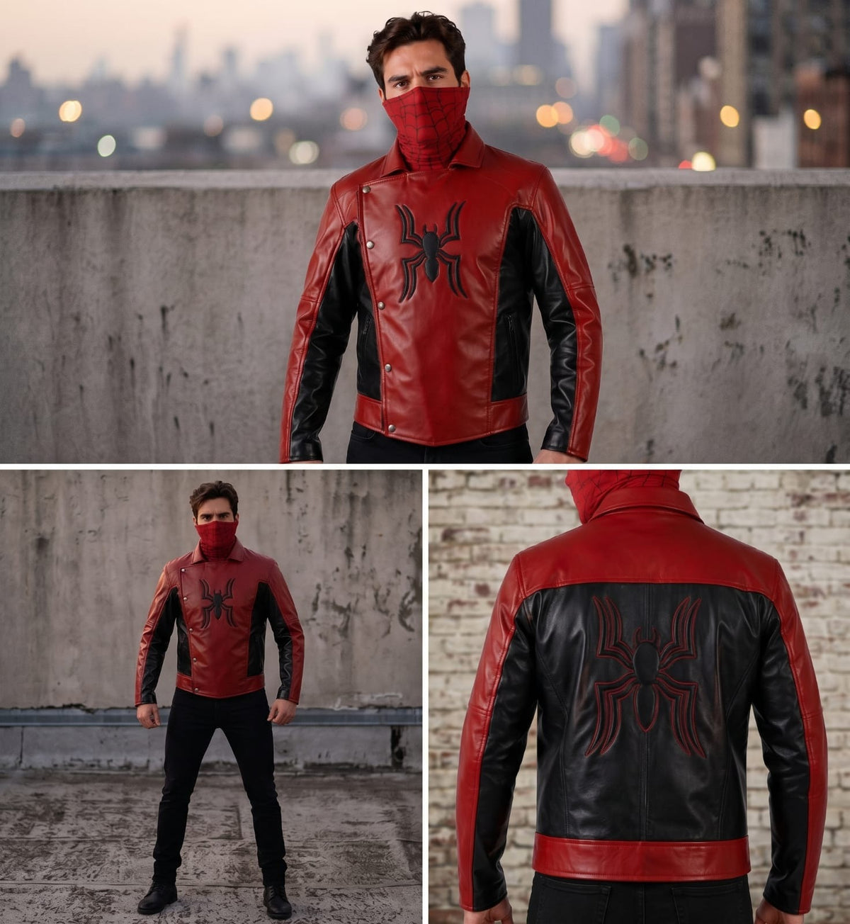 Men's Spider Motif Biker Jacket – Red & Black Asymmetric Cosplay Outerwear
