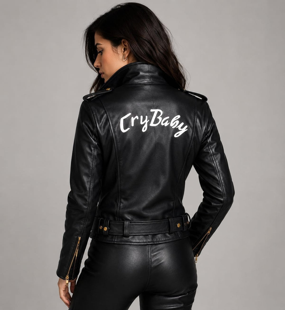 Women's Black Biker Jacket – Belted Asymmetric Zip with Back Script