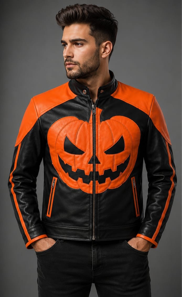 Halloween Pumpkin Leather Jacket – Jack O’ Lantern Biker Jacket