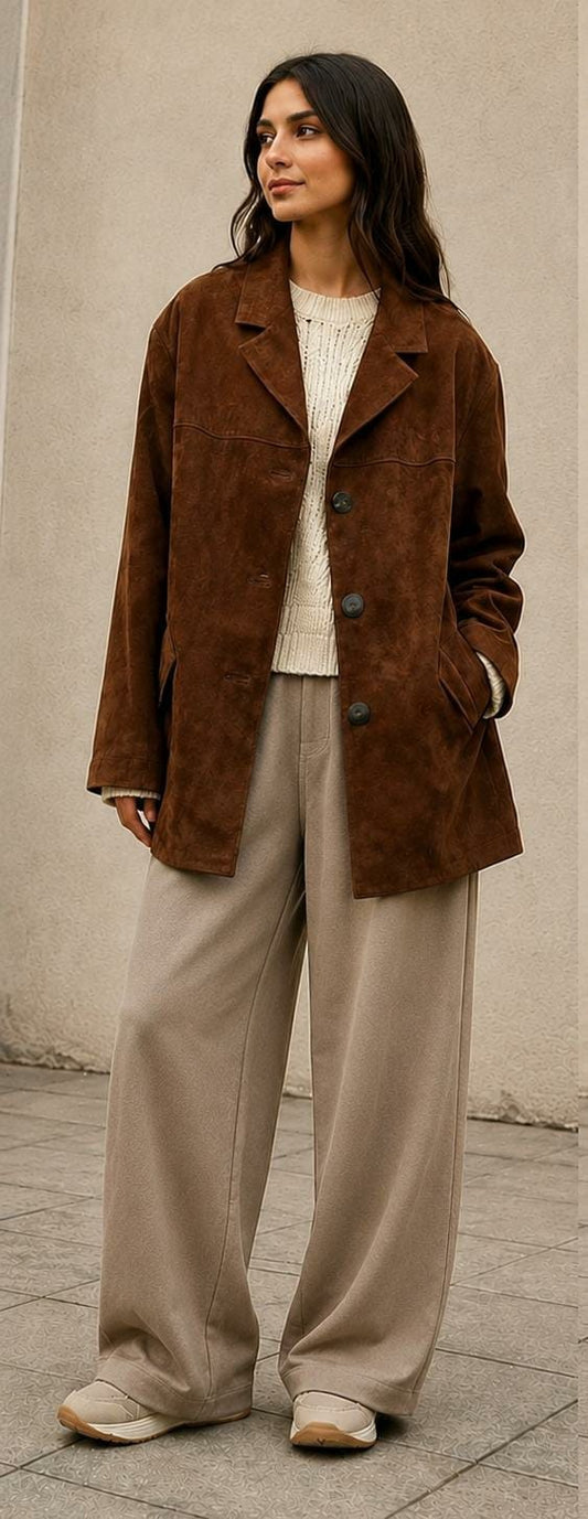 Women’s Brown Suede Leather Blazer – Oversized Western Jacket