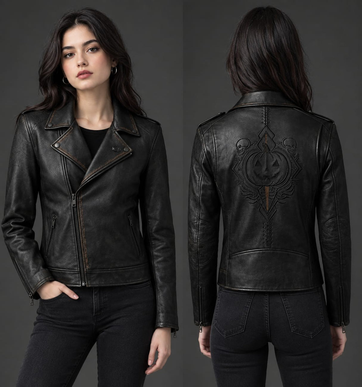 Women’s Pumpkin Skull Leather Jacket – Gothic Biker Moto Coat