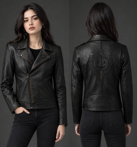Women’s Pumpkin Skull Leather Jacket – Gothic Biker Moto Coat
